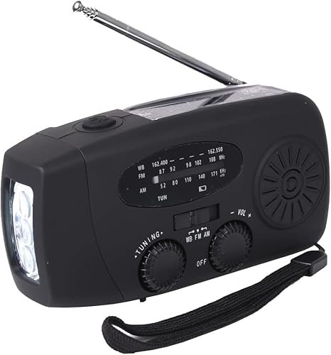 Emergency Hand Crank Radio with LED Flashlight for Camping, Portable 2000mAh High Capacity Rechargeable Radio, Wind Up Solar Radio,AM/FM NOAA Portable Weather Radio (Black)