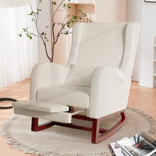 jeerbly Gungstol, vadderad amningsfåtölj med justerbart fotstöd, ländryggskudde, ryggstöd och armstöd, svängstol relaxstol för vardagsrum sovrum, beige, 67 x 64 x 99 cm