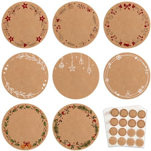 BOOMTOP 480 Aufkleber Weihnachten zum Beschriften Kraftpapier Weihnachtsaufkleber 3,8cm Selbstklebend Etiketten Rund Weihnachtssticker Adventskalender Sticker Geschenkaufkleber für Umschlag Karten