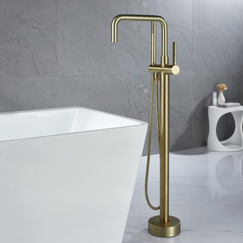 BiaoTeng Standarmatur Freistehend Wannenarmatur 360° Drehbar Heiß und Kalt Messing Freistehende Badewannenarmatur Armaturen Badewanne Gebürstetes Gold