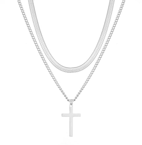 AFSTALR Collier Croix Homme, Acier Inoxydable Collier Double Croix Chaîne Serpent Plate et Chaîne avec Pendentif Croix, Chaîne Argent 50/55cm Chrétienne Cadeau de d'anniversaire Bijoux Hommes