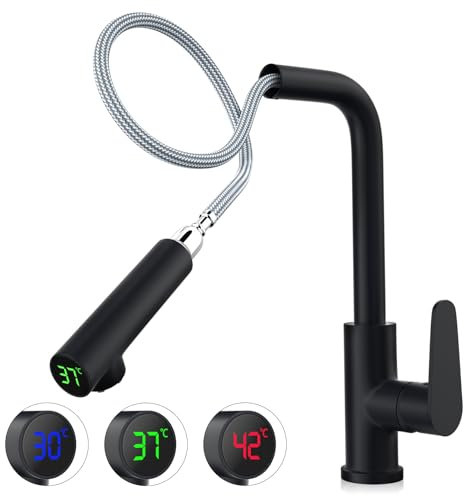 Robinet de cuisine noir avec affichage de la température, robinet d'évier de cuisine extensible et pivotant à 360°, haute pression, mitigeur facile à installer pour évier de cuisine (Noir)