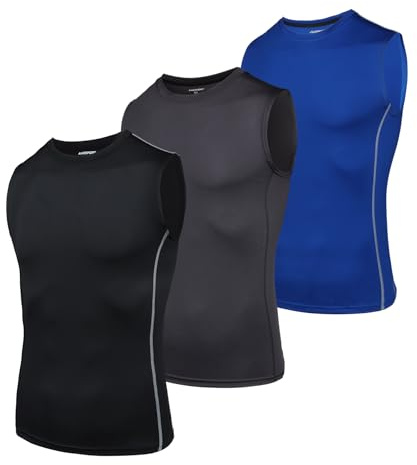 AMZSPORT Herr kompressionslinne ärmlös funktionella skjortor baselayer undertröja, 111018-svart + grå + blå (förpackning med 3), L