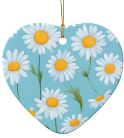 Weiße Chrysantheme auf hellblauem Hintergrund, exquisiter runder Keramik-Anhänger für Taschen, festliche Baumschmuck, Autodekoration