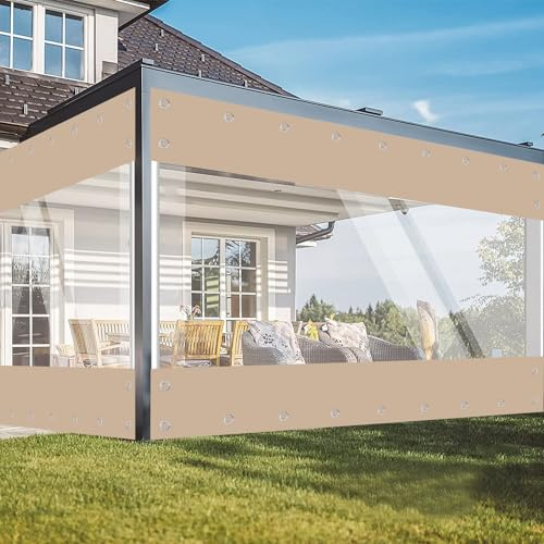Telone trasparente con occhielli, impermeabile, 420 g/m², in PVC, protezione da vento e pioggia, per giardino, gazebo, terrazze, balconi, colore cachi, altezza 2,1 m x larghezza 2,4 m