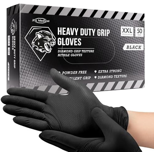 JFA Medical Disposable Heavy Duty Mechanic Powder Free Latex Free Black Diamond Grip Nitrile Gloves - Box of 50 (Extra Extra Large)