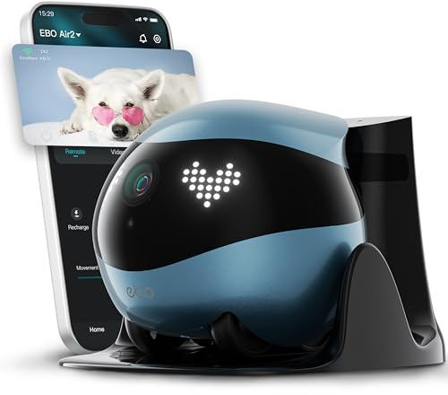 Enabot EBO Air 2 FamilyBot,Pet Camera Robot,2K Home Robot, Movable Indoor Camera, Custom Facial Expression, Auto-Recharge, Battery-Operated, 2-Way Talk, Night Vision, 32GB Memory Card Inside (Blue)