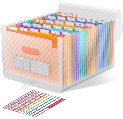 ThinkTex Dragspelsmapp, 26 fickor A4-arkivskåp, utdragbar mapp sorterare, avdelare arkivhållare, rutigt mönsterdesign, för hemmakontor - orange