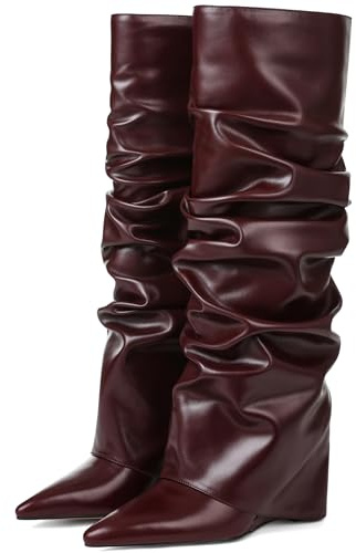 Oiamenne Women's Fold Over Boots Slouched Ruched Knee High Boots for Women Wedge Heel Pointed Toe Tall Boot Wide Calf Pull-on Casual Boots Size 8.5