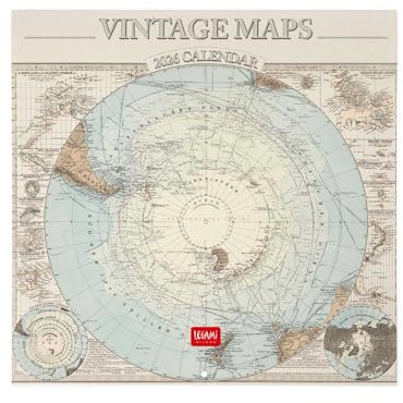 Legami - Calendrier Mural 2026, Vintage Maps, Grand Calendrier Mural, 12 Mois et Planificateur D'année, en 6 Langues, Espace pour Notes, Signes du Zodiaque, Jours Fériés Internationaux, 30 X 29 Cm