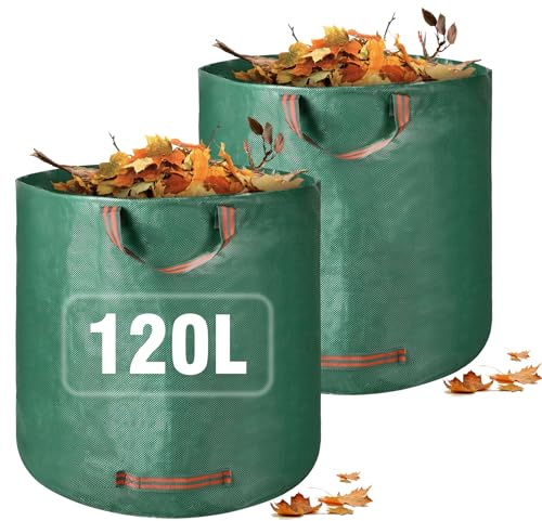 Garden Waste Bags Heavy Duty, 120L Reusable Garden Sacks with Handles, Large Bag Refuse Rubbish Green for Yard Debris Grass Cuttings Garbage Leaves Collection,2 Pack