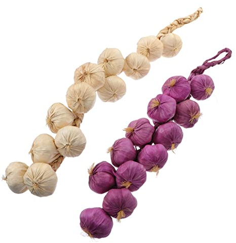Ciieeo Simulated Garlic Skewers, 2pcs Lifelike Garlic Strings for Home Kitchen Decor, Hanging Vegetables Strings Photo Props for Halloween, White& Purple, 43cm