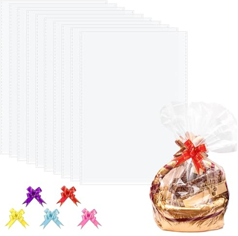 CATELL 10 Stück Geschenkfolie Transparent Cellophantüten 100×70cm, 5 Cellophan Geschenktüten mit 5 Zugschleifen Cellophantüten Groß Durchsichtiges Geschenkpapier für Geschenkkörbe Blumen Kunsthandwerk