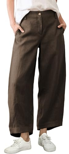 Xiaoxuemeng Linen Pants Women Wide Leg Capri Beach Pants Elastic Waisted Baggy Linen Trousers(Coffee-M)