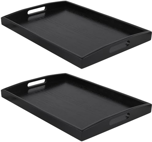 SYUTBOU 2 stycken 40 x 28 x 4 cm svart serveringsbricka i trä rektangulär, träbricka, dekorativ bricka, serveringsfat för kök, vardagsrum