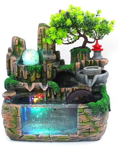 Feng Shui Brunnen, Zimmerbrunnen Wasserfall Natur, 38 X 38 X 28cm, Tischbrunnen Mit Feng Shui Rad, Led Zierbrunnen Für Wohnzimmer, Schlafzimmer, Büro Dekoration