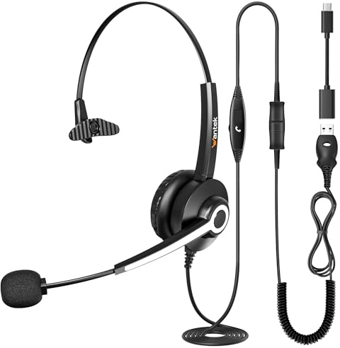 Wantek Auriculares con Micrófono USB - Cascos con Microfono para pc Oficina Zoom Skype Laptop Centro de Llamadas Equipos Ordenador Personal - conexión USB A/Tipo C