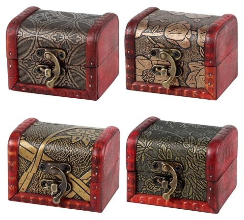YiliYa Kleine Schatztruhe aus Holz,4er Set Holztruhe mit Deckel | Vintage Schatzkiste Kinder Kleine Schmuckschatulle für Halskette Armband Ohrring Ringe 8 x 6 x 6 cm