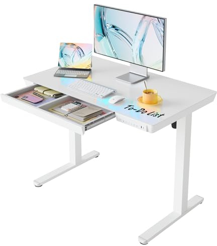 HUANUO ONE PIECE Standing Desk with Drawer, 100x60cm, White Glass