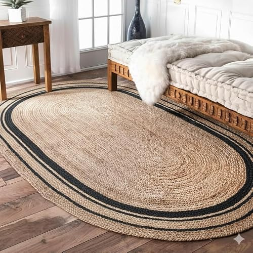 DECORAM WORLD Alfombra de Área Ovalada de Yute Tejida a Mano de 70 x 122 cm con Borde Negro – Alfombra de Fibra Natural Duradera para Sala de Estar, Dormitorio y Espacios Modernos