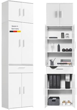 mokebo Mehrzweckschrank deckenhoch Büroschrank (230x60 cm) 'Der Extralange' Made in Germany aus Holz extra hoch mit 8 Türen Aktenschrank Schuhschrank Flurschrank Weiß