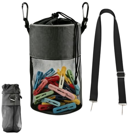 aieieii Black Peg Bags for Washing Line, Black Clothes Peg Bag Pegs Bag with Shoulder Strap and Closing Cord, Grid Pegs Basket for Washing Line with Hook, Used for Indoor and Outdoor Clip Storage