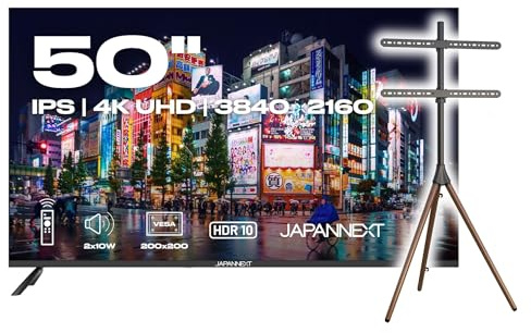 JapanNext Bundle : Monitor PC Grande Formato 50 IPS 4K UHD (3840x2160) (+) Supporto Treppiede in Legno per TV e Monitor 32-65 Pollici