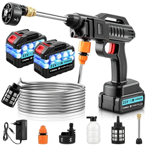 Dibaful Idropulitrice a batteria, 100 bar, 270 l/h, pistola portatile per auto con 2 batterie da 3000 mAh, pistola per lavaggio mobile 6 in 1, ugello regolabile, tubo da 5 m, per terrazza e auto