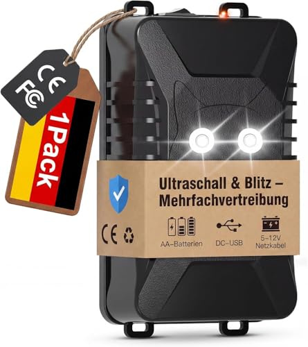 Marderschreck Auto Batteriebetrieben, Marderabwehr Ultraschall & Lichtblitz, Marderabwehr Auto Motorraum, Dachboden, Garage & Haus, Flexibel Nutzbar, IP66 wasserdicht, Geeignet für Keller bis 90 m²