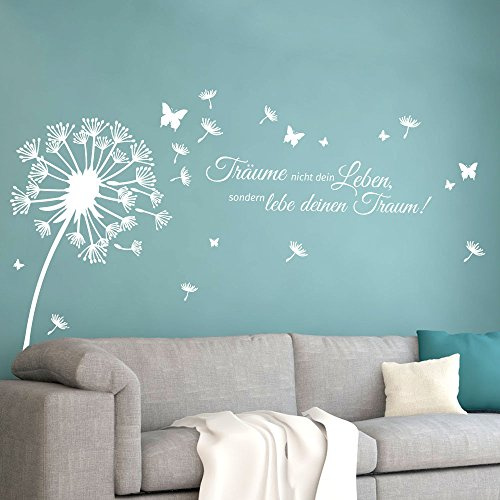 Grandora Wandtattoo Pusteblume Zitat Träume Nicht Dein Leben I weiß (BxH) 100 x 69 cm I Löwenzahn Wohnzimmer Wandsticker Wandaufkleber Aufkleber W5479