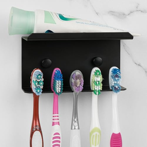 Linkidea Wandhalterung für Zahnbürste und Zahnpasta, selbstklebend, 5 Fächer, kompatibel mit Colgate Extra Clean und Oral-B CrossAction Zahnbürsten (Schwarz)