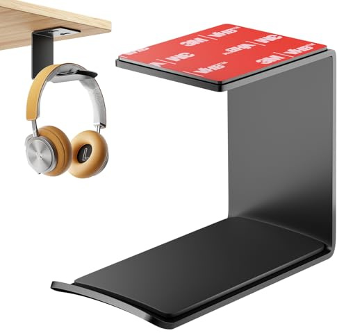 Yocice Headphone Stand Hanger,Headset Holder Mount,Aluminum Hook with Strong Adhesive Tape for Headphones (H02-Black-1PCS)