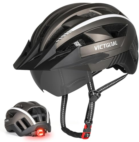 Victgoal Bike Helmet for Men Women with Led Light Detachable Magnetic Goggles Visor Mountain & Road Bicycle Helmets Adjustable Size Adult Cycling Helmets (Ti, L: 22.4-24 inch (57-61 cm))