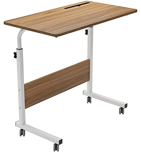 DlandHome Laptoptisch Höhenverstellbar mit Rollen 80 cm Betttisch Beistelltisch pflegetisch auf rollen Computertische Mobiler Schreibtisch für krankenbett Büro Schlafzimmer Mit Tablet-Steckplatz Eiche