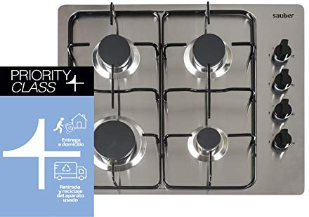 Sauber - Placa de Gas Natural SEGN02-4 Fuegos - 2 Rejillas - Adaptable a Gas Butano - Sistema de Seguridad en Llama - Autoencedido - Ancho: 59 cm - Mandos Independientes - ENTREGA EN DOMICILIO