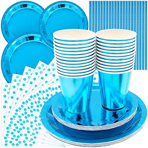 99 PCS Blue Disposable Paper Tableware Set - Includes Plates, Napkins, Cups, Straws - Blue Birthday Party Paper Cutlery - Perfect for Wedding, Shower, Engagement & Birthday Parties
