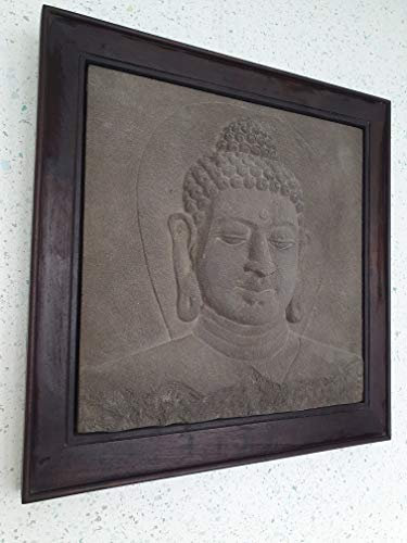 IDYL Lavastein Bild Buddha-Kopf mit 3-D-Effekt mit Holzrahmen | Asiatisches Relief | Maße 50 x 50 x 4 cm | Dekoration für den Wohnbereich | Farbe schwarz mit braun