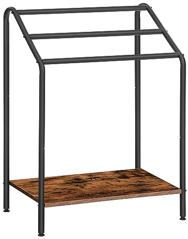 HOOBRO Freestanding Towel-Rack for Bathroom, 3 Tier Blanket Rack for Living Room, 23.6 L x 14.2 W x 33.9 H, Quilt Blanket Ladder Holder, Drying and Display Rack, Rustic Brown and Black BF63LB01