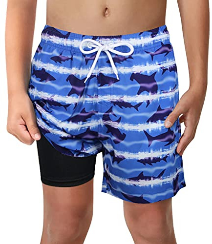 LUCOWEE Badbyxor för pojkar kompressionsfoder anti-skavning badshorts barn bad stretchig äkta dragsko snabbtorkande UPF 50+, Blå-tiedyesharks, 7-8