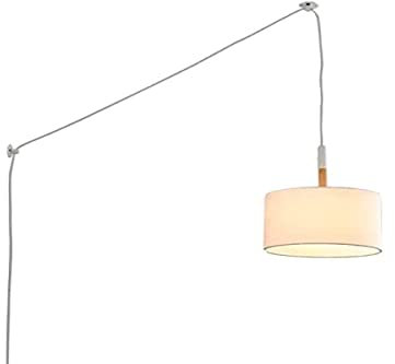 B·LED BARCELONA LED BarcelonaLED Plafonnier suspendu nordique avec tissu blanc et abat-jour en bois avec câble de prise et interrupteur douille E27 pour salon chambre salle à manger