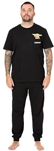 Star Wars Mandolorian Pijama de Hombre | Baby Yoda Character Lounge Pantalones y Camiseta Conjunto de Pijama Negro | Regalos de Ropa de Dormir para él Fan Merchandise