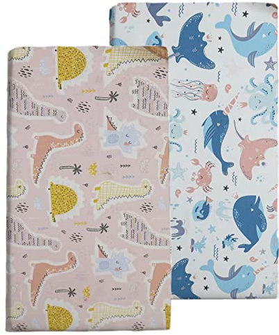 Juego de 2 sábana bajera ajustable para bebé niño, 60 x 120 cm, microfibra suave para cuna (una ballena mama + dinosaurio)