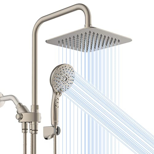 Ryamen Dual Shower Head Combo, Brushed Nickel 8'' High Pressure Rain/Rainfall Shower Head,5 Settings Adjustable Handheld Showers,with 15 Height Adjustable Slide Bar,Holder/59’‘ Hose