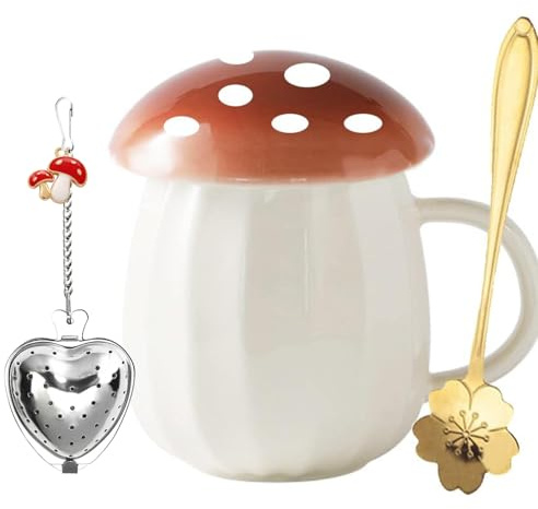 Yalucky Kawaii söt svampkopp kaffe kopp set svampsaker för kaffe te koppar svamp kopp med lock gåvor för flickor kvinnor födelsedag jul heminredning (brun)