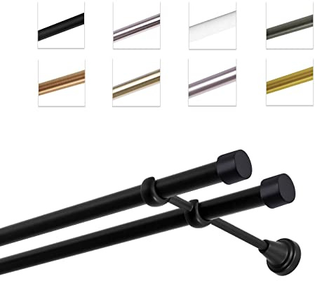 MDEKOR Gardinenstange 240 cm doppelläufig | Vorhangstange für die Wandmontage Schwarz aus Metall | Gardinenstangenset Ø 19mm