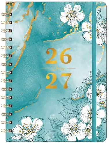 Academic Diary 2026 2027- A5 Diary 2026-2027 Week to View, Aug.26 - Jul.27, with Elegant Cover and Twin-wrie Binding - Green Marble and Cherry Blossom