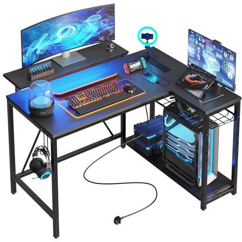Bestier 106.5CM L-Shaped Gaming Desk with RGB LED Lights Carbon Fibre Surface, 3 Power Outlets & 2 USB Ports, Reversible Corner Desk with Shelves & Hooks for Home Office & Small Spaces