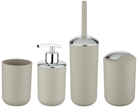 Bad-Accessoire Set Mod. Brasil, 4-teilig bestehend aus Zahnputzbecher, 320 ml Seifenspender, Kosmetikeimer 6,5 Liter & WC-Garnitur inkl. WC-Bürste, aus bruchsicherem Spezialkunststoff, Taupe