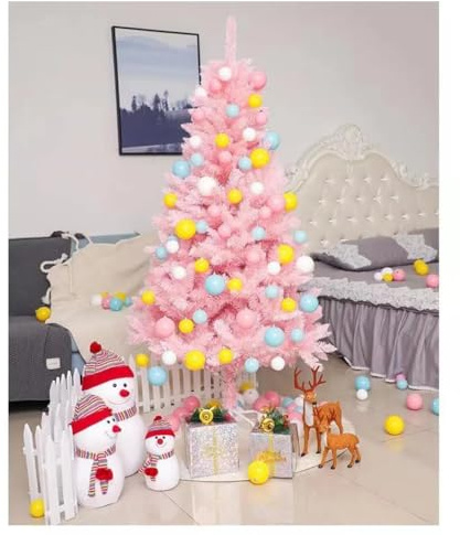 Árbol de Navidad rosa preiluminado con 70 luces transparentes, base incluida