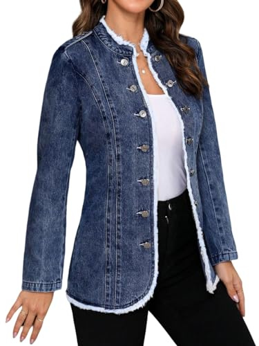 LifeShe Women's Denim Jacket Plus Size Double Breasted Button Raw Trim Jean Jackets Coat
